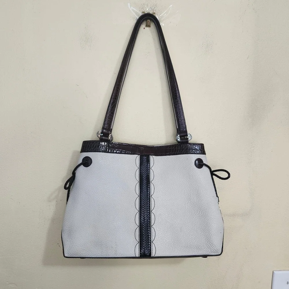 Brighton Shoulder Bag Hand Bag Medium White Brown Leather Heart Shapes Details